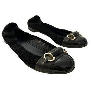 Gucci Black Horsebit Suede Patent Ballet Flat Shoes Size 38 US 8